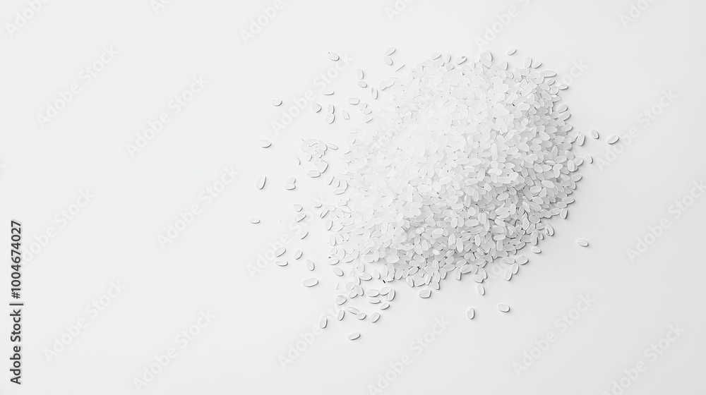 A simple, clean pile of white rice grains scattered on a white background, highlighting purity and natural simplicity in a minimalistic style. A simple, clean pile of white rice grains scattered on a white background, highlighting purity and natural simplicity in a minimalistic style.