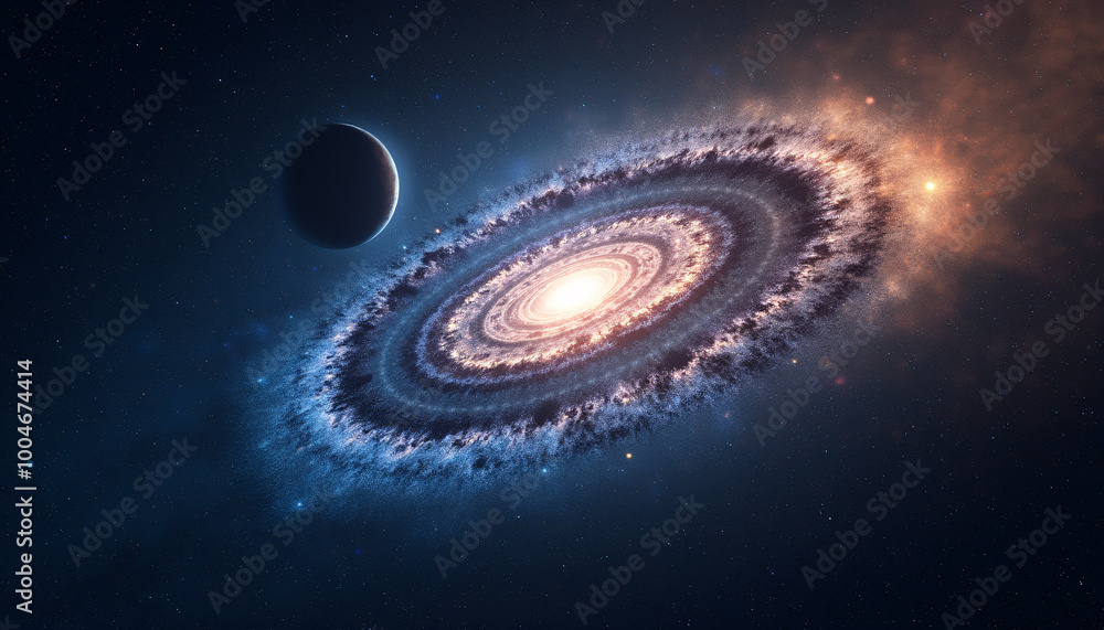 Obraz premium The image is an abstract digital art piece that appears to be a cosmic scene. It features two spiral galaxies in the center of the image, surrounded by a vast expanse of stars and galaxies.