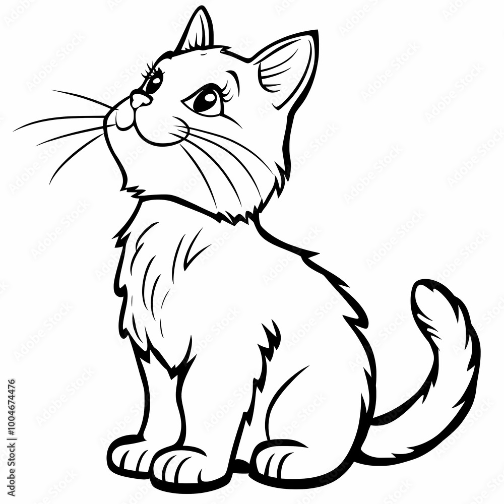 Fototapeta premium A black and white coloring book with an illustration of a cat, creating a platform for children's creativity. Promotes the development of creativity and perseverance.