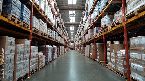 modern warehouse interior with optimized logistics , shelving systems , workers and packing stations , designed for efficient order fulfillment and inventory control , showcasing technology