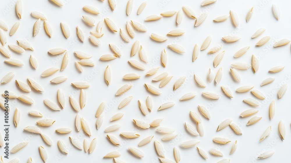 Obraz premium An overhead view of uncooked rice spread on a pure white background, capturing the natural beauty of the grains in a seamless, elegant display.