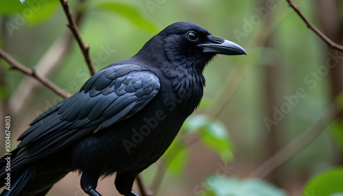 The image is a close-up portrait of a black bird, specifically a crow, sitting on a tree branch.