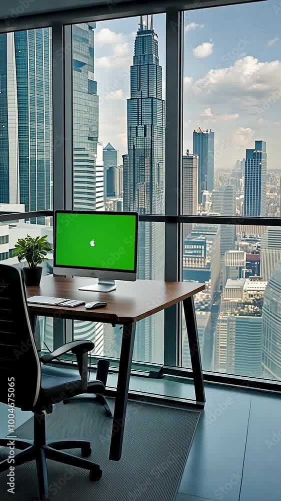 Workspace with computer in an office with cityscape behind the big ...