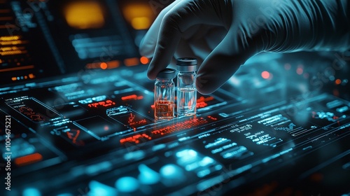 medical precision and advanced diagnostics showcased by a gloved hand handling vials on a digital interface representing the future of healthcare and laboratory technology photo