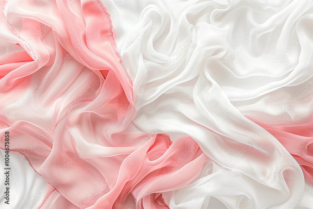 Obraz premium A close-up view of soft, flowing fabric in shades of white and light pink. The silky material is draped and wrinkled. Ideal for backgrounds or fashion-related themes.