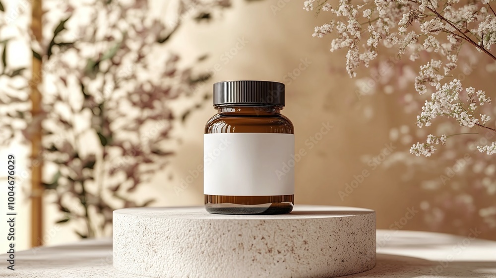 blank label pill bottle standing on a pedestal with a plant in the background representing a drugstore pills mockup showcasing pharmaceutical packaging and healthcare products blank label pill bottle standing on a pedestal with a plant in the background representing a drugstore pills mockup showcasing pharmaceutical packaging and healthcare products