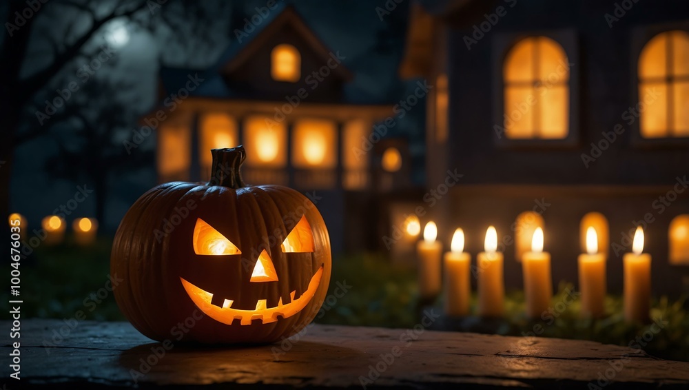 Halloween pumpkin glowing with candlelight in front of a haunted house. Halloween pumpkin glowing with candlelight in front of a haunted house.