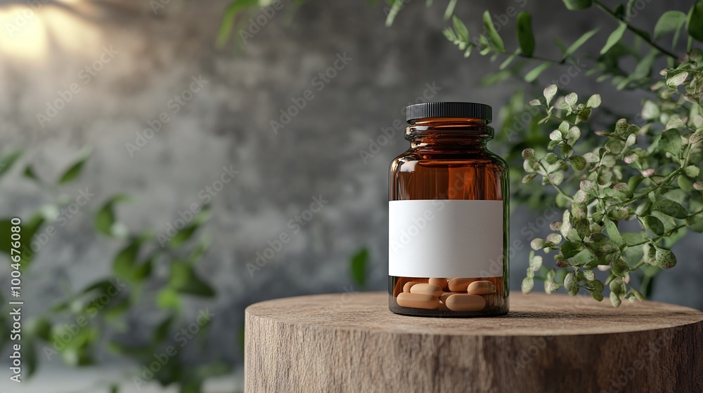 blank label pill bottle standing on a pedestal with a plant in the background representing a drugstore pills mockup showcasing pharmaceutical packaging and healthcare products blank label pill bottle standing on a pedestal with a plant in the background representing a drugstore pills mockup showcasing pharmaceutical packaging and healthcare products