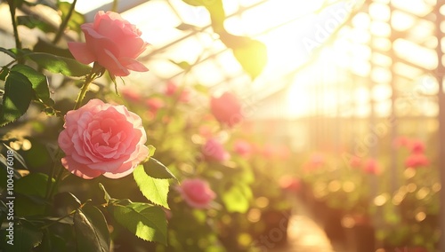 Sunlight filters through a greenhouse, illuminating pink roses amidst lush greenery and colorful blossoms during evening hours