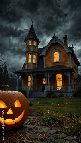 Halloween pumpkin in front of a creepy haunted house.