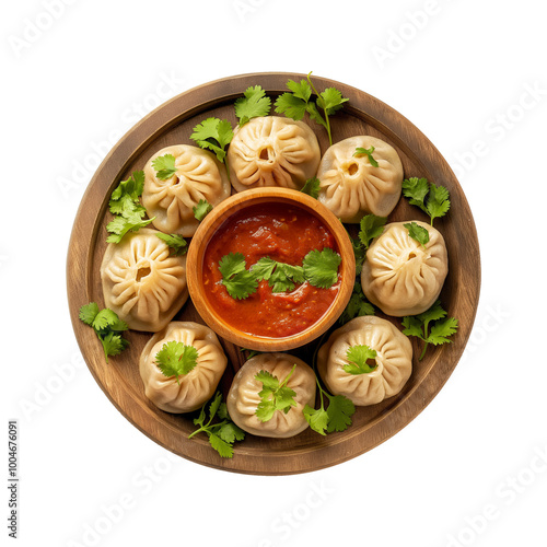 Delicious Steamed Momo Dumplings with Red Spicy Sauce and Fresh Cilantro Garnish on a Wooden Platter