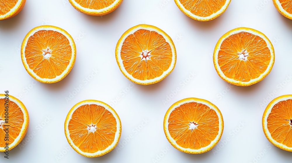 Halved oranges laid out on a seamless white background, showcasing their juicy, fresh interiors and bright orange flesh. Halved oranges laid out on a seamless white background, showcasing their juicy, fresh interiors and bright orange flesh.
