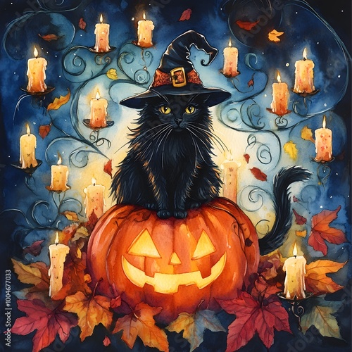 A surreal watercolor of a Halloween black cat in a witch hat sitting on a pumpkin surrounded by swirling autumn leaves and floating candles glowing softly photo