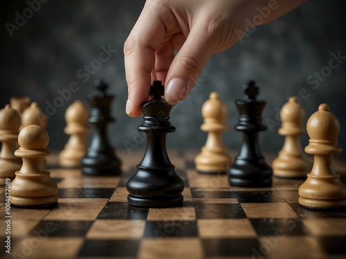 Hand placing a black chess queen on a chessboard