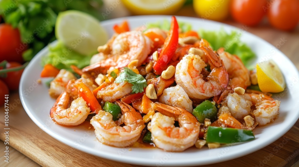Stir fried crispy shrimp with cashew nuts and sweet pepper in white plate.Thai food not spicy. Stir fried crispy shrimp with cashew nuts and sweet pepper in white plate.Thai food not spicy.