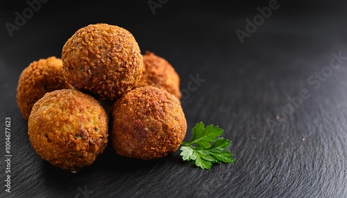  Close up of five crispy fried falafel balls on a black surface with space for copy text 