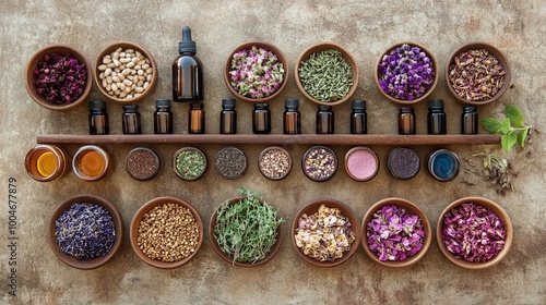 herbal supplements essential oils and organic ingredients used in natural homeopathic remedies for illness symbolizing a holistic approach to health and wellness photo