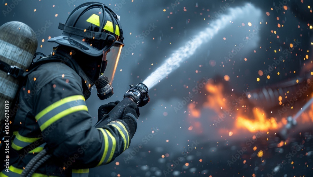 Fototapeta premium Firefighter fighting a fire with a water spray, dynamic action photography, dark background, high contrast, fire particles, wide shot