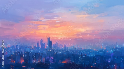 A cityscape at dawn, the sky painted in soft pastel colors, the city slowly coming to life