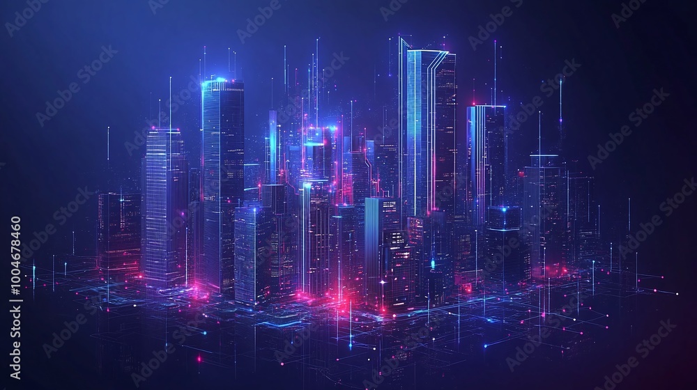 Obraz premium smart city with intelligent infrastructure and connected buildings featuring IoT 5G and AI integration on a dark blue background showcasing futuristic cityscape and innovation