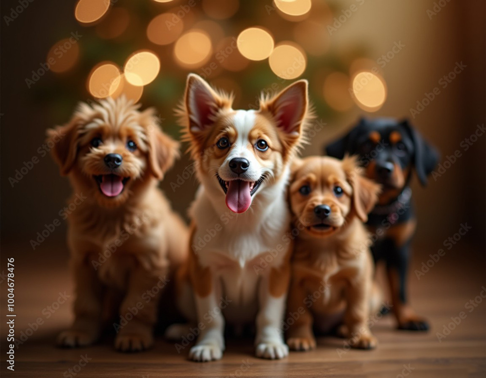 A warm and cozy scene photograph showcasing multiple  dogs, set against a blurred background with a prominent bokeh effect, evoking a sense of wonder and magic, festive background with dogs