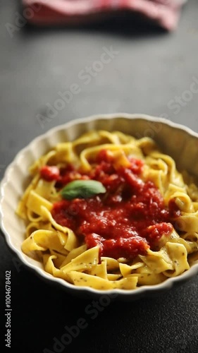 Pasta tagliatelle tomato sauce second course tasty food dish fresh delicious gourmet food background on the table rustic food top view copy space photo