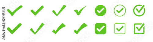 Check mark icon button set. Green check mark icon set isolated vector elements. 