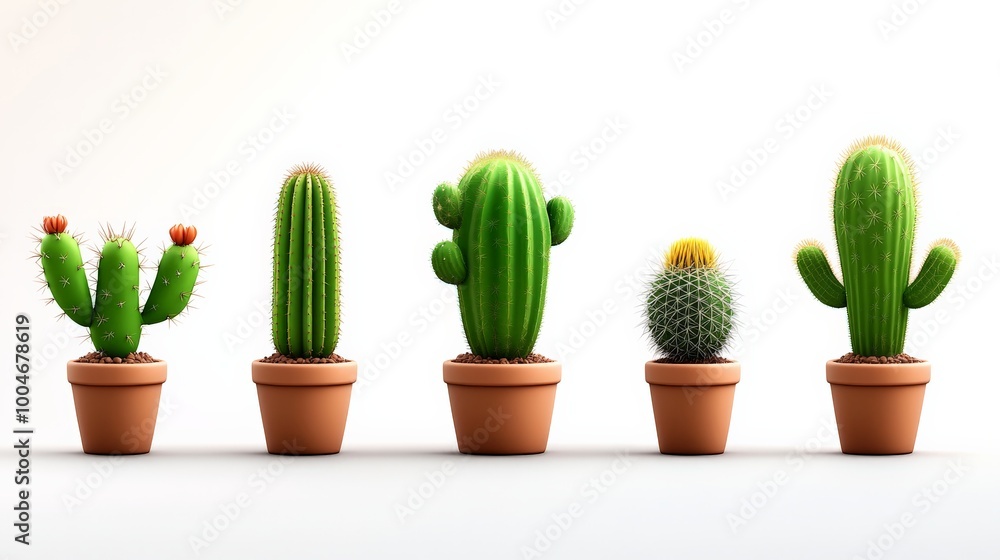 Cactus Collection: A vibrant row of five cacti in terracotta pots, showcasing the diverse shapes and textures of these resilient desert plants. Cactus Collection: A vibrant row of five cacti in terracotta pots, showcasing the diverse shapes and textures of these resilient desert plants.
