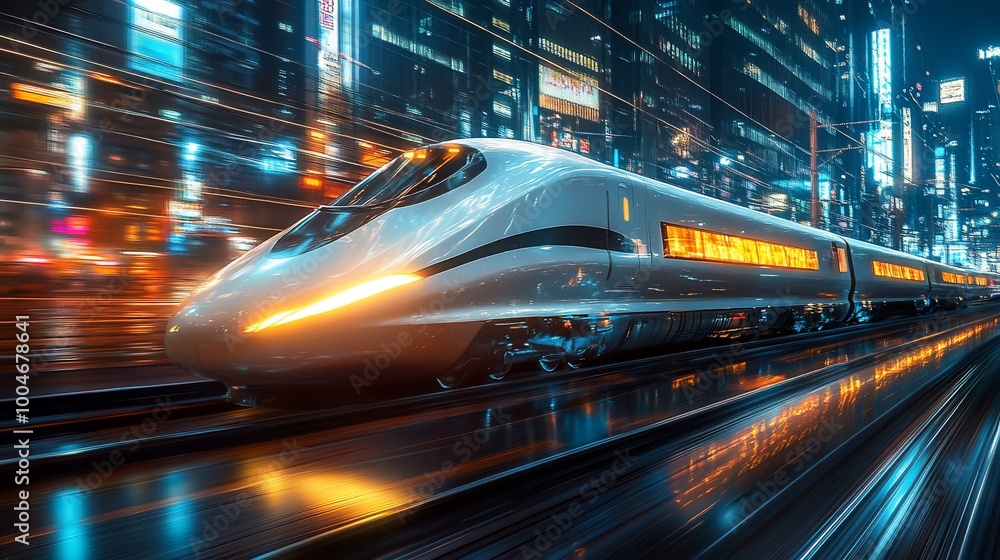 Futuristic high-speed train speeding through a neon city at night. Futuristic high-speed train speeding through a neon city at night.