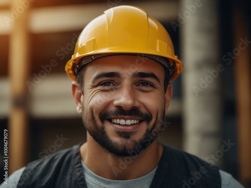 Happy construction worker in a safety helmet.