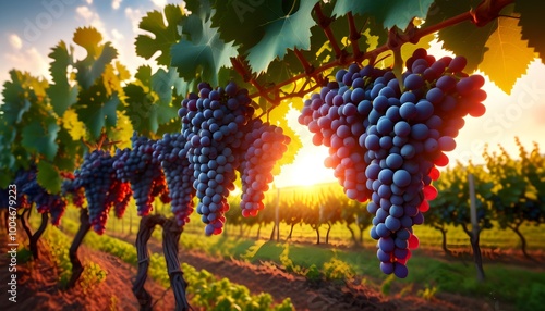 Sun-kissed grapes hanging on a vine, showcasing viticultures beauty and landscape against a breathtaking sunset photo