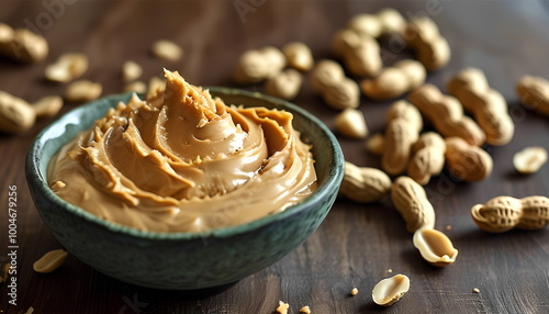 A bowl of peanut butter and peanuts on a table