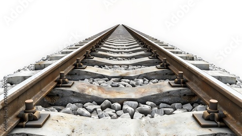 Detailed shot of a single train track, isolated on white, with clear definition. photo