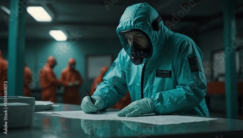 Hazmat suit wearer reviews documents in a turquoise environment.