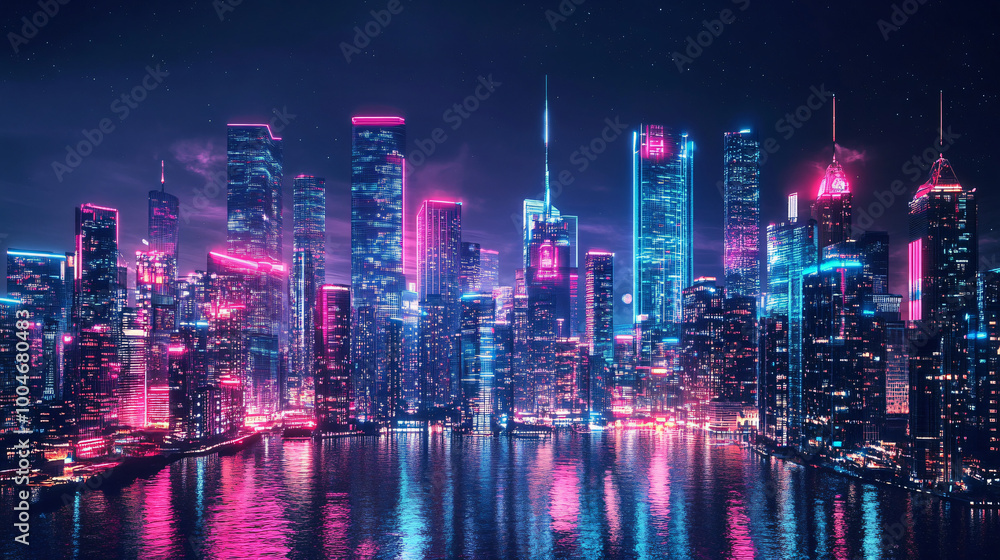 Naklejka premium A futuristic city skyline at night with glowing neon lights. 