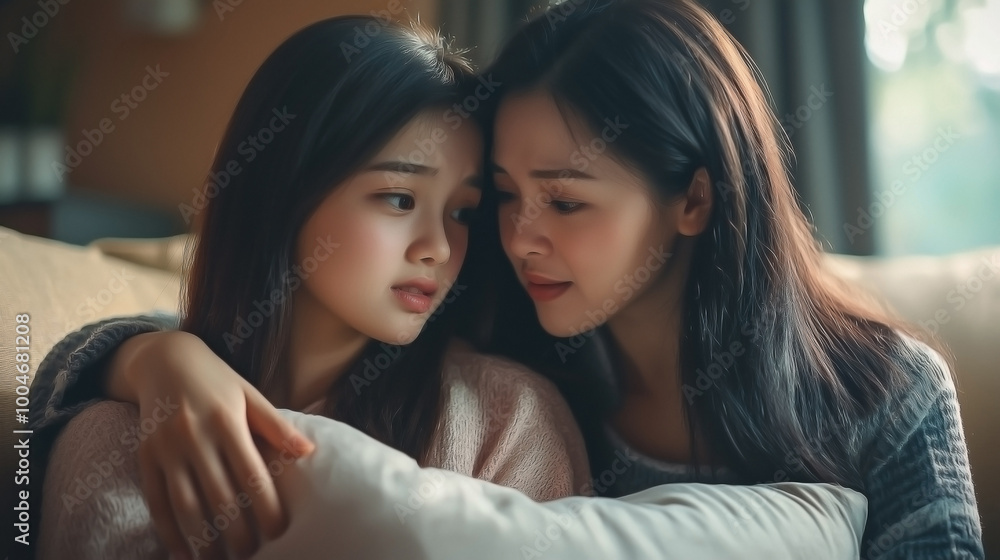 A caring Asian mother is sitting on a sofa at home, gently consoling and supporting her depressed teenage daughter. A caring Asian mother is sitting on a sofa at home, gently consoling and supporting her depressed teenage daughter.