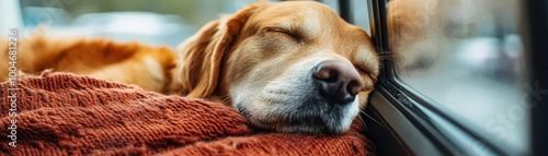 Closeup of a dog resting its head on its owner s lap during a train journey, the soft, natural light of travel reflecting through the window