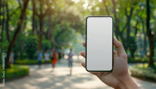 Man holding up an phone with white screen, blurred park background, sunlight