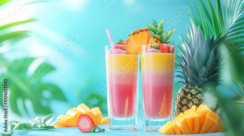 A bright and refreshing scene featuring three layered tropical smoothies in tall glasses