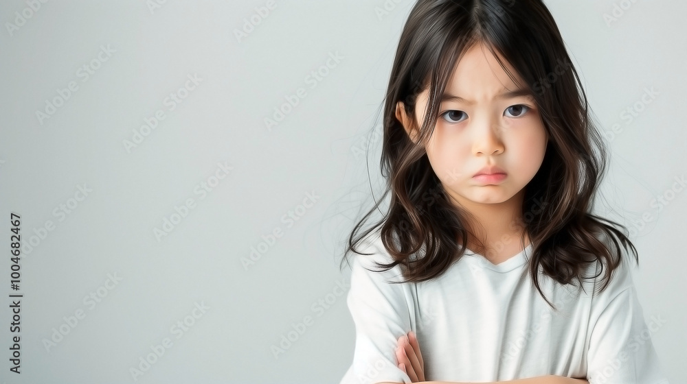 an angry little girl standing with her arms crossed, looking directly with an upset expression an angry little girl standing with her arms crossed, looking directly with an upset expression