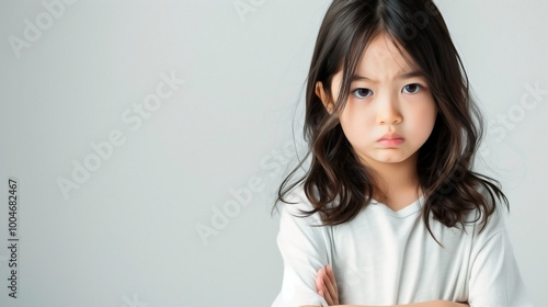 an angry little girl standing with her arms crossed, looking directly with an upset expression