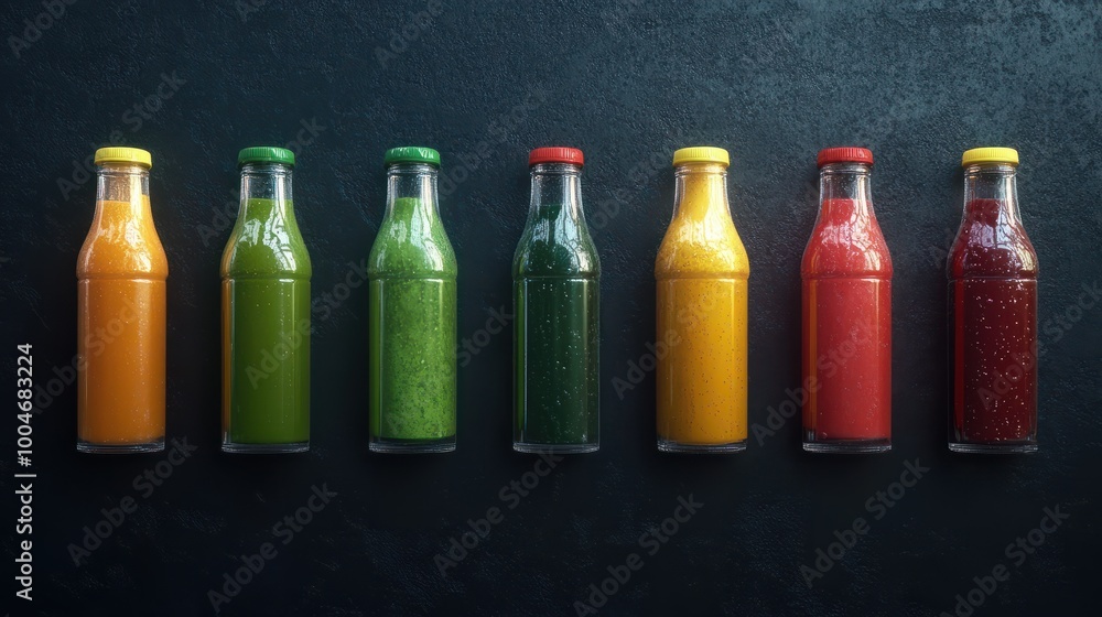 A lineup of colorful glass and plastic bottles filled with various smoothies, including mango, turmeric, and green juices, set against a dark textured background. A lineup of colorful glass and plastic bottles filled with various smoothies, including mango, turmeric, and green juices, set against a dark textured background.