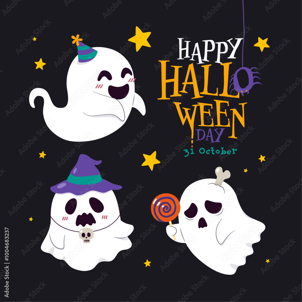 Fototapeta premium Ghost in Haunted Graveyard under Full Moon Night: A Spooky Halloween Scene with Dark Sky and Tombstones for October 31st Horror Night and Haunted Festival, Vector, Illustration