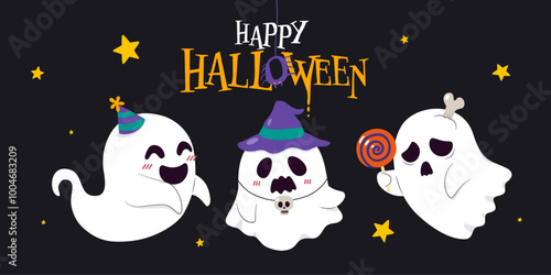 Ghost in Haunted Graveyard under Full Moon Night: A Spooky Halloween Scene with Dark Sky and  Tombstones for October 31st Horror Night and Haunted Festival, Vector, Illustration