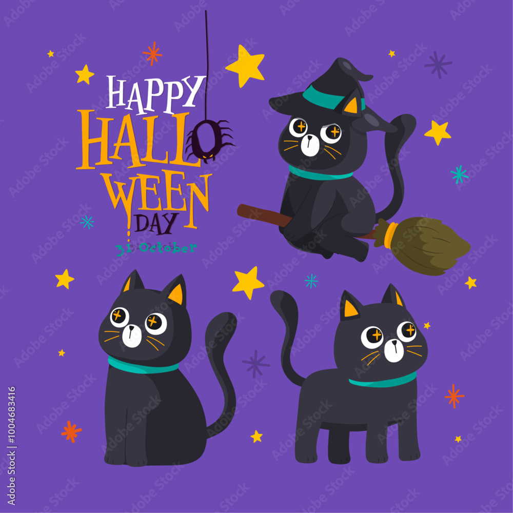 Cute black cat character enjoying Halloween night, trick or treating with candy and sweets, Happy Halloween Day, Vector, Illustration Cute black cat character enjoying Halloween night, trick or treating with candy and sweets, Happy Halloween Day, Vector, Illustration