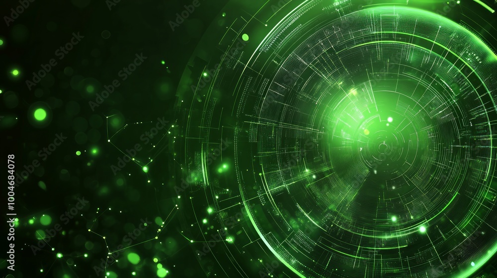 Naklejka premium A vibrant green abstract design featuring circular patterns and glowing elements.