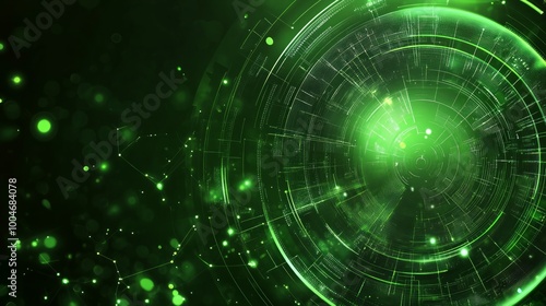 A vibrant green abstract design featuring circular patterns and glowing elements.