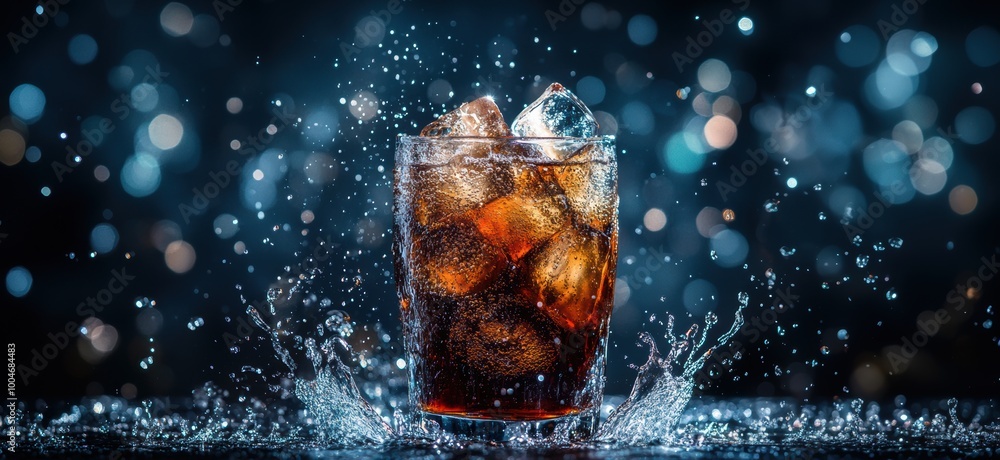Refreshing glass of fizzy drink with ice splashing in darkness Refreshing glass of fizzy drink with ice splashing in darkness