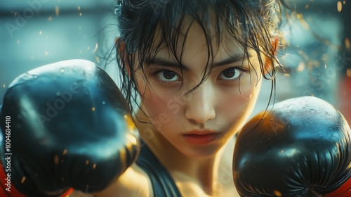 Asian woman with boxing gloves, intensely focused on her training photo