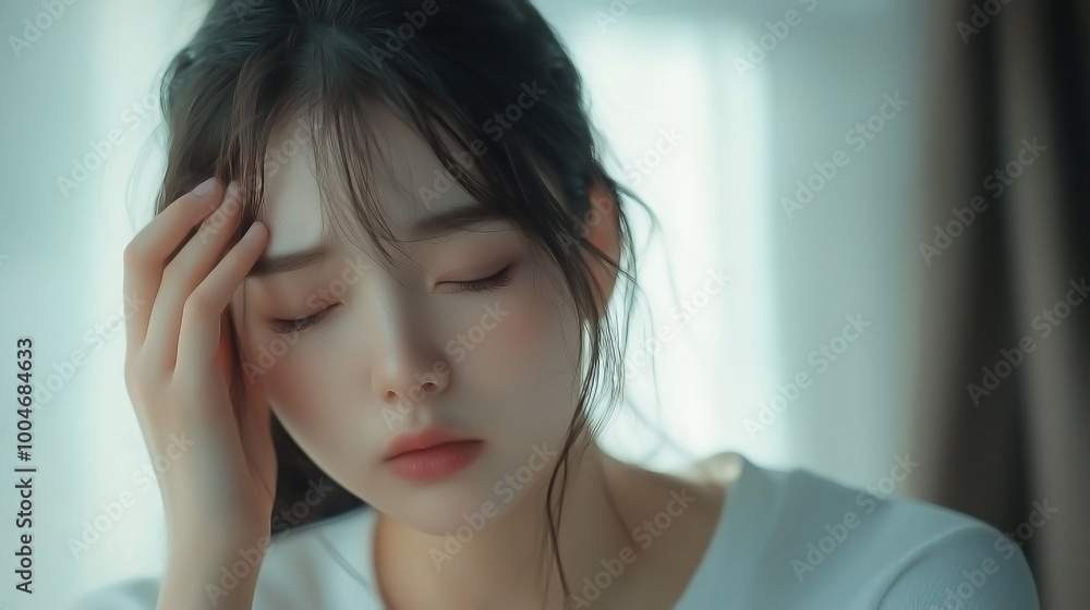 Asian young woman who is stressed and exhausted, suffering from vertigo and migraine symptoms Asian young woman who is stressed and exhausted, suffering from vertigo and migraine symptoms